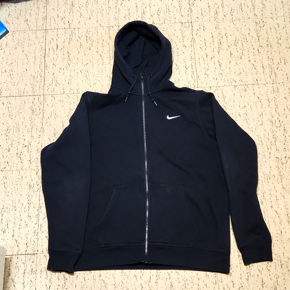 Nike Swoosh Dark Navy Blue Embroidered Full Zip Hoodie Sweater Vintage Y2K